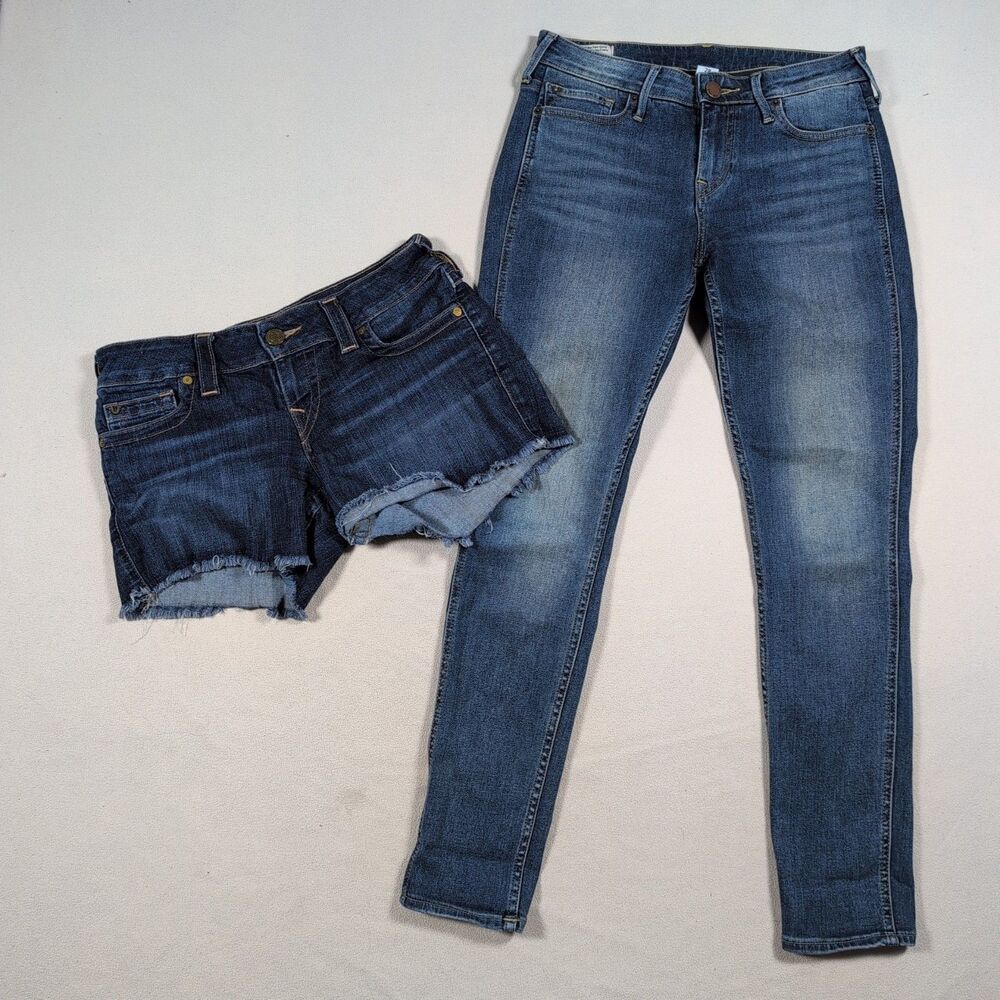Lot 2 True Religion Womens Size 28 Blue Halle Skinny Jeans Keira Low Rise Shorts